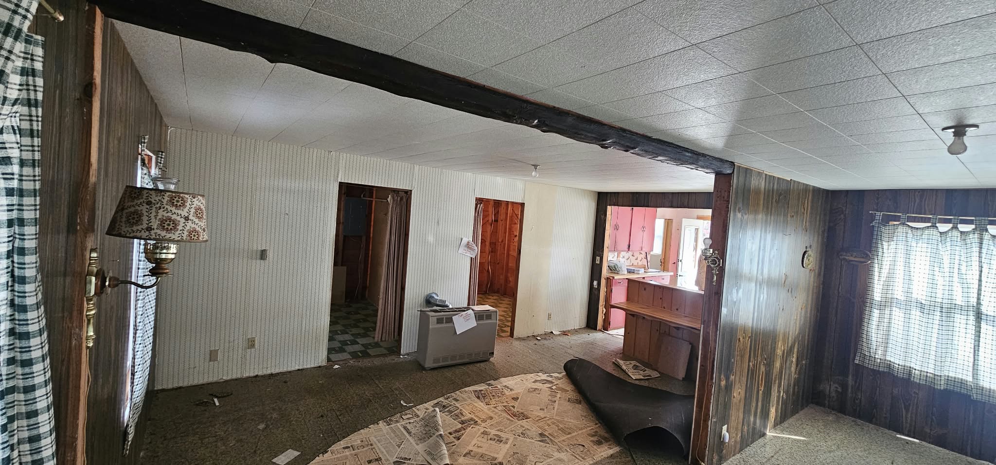 Before — living room, dark wood paneling, old gas heater, newspapers on floor