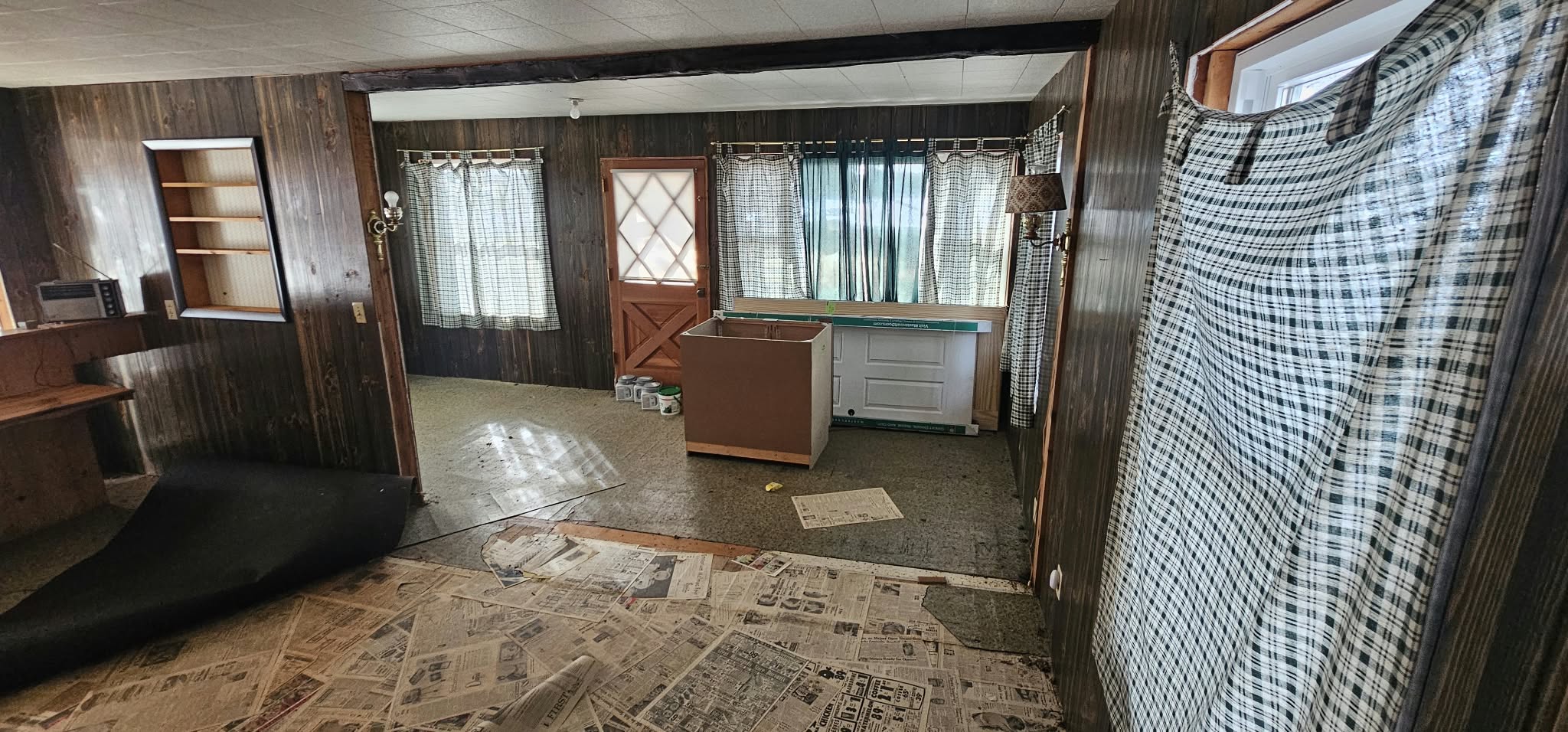 Before — living room looking toward entry door, newspapers on floor